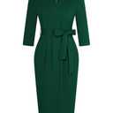 GRACE KARIN Women's Wear to Work Dresses V Neck 3/4 Sleeve Dress for Women Dark Green Cocktail Dress Semi Formal Dresses for Women with Belt,   S