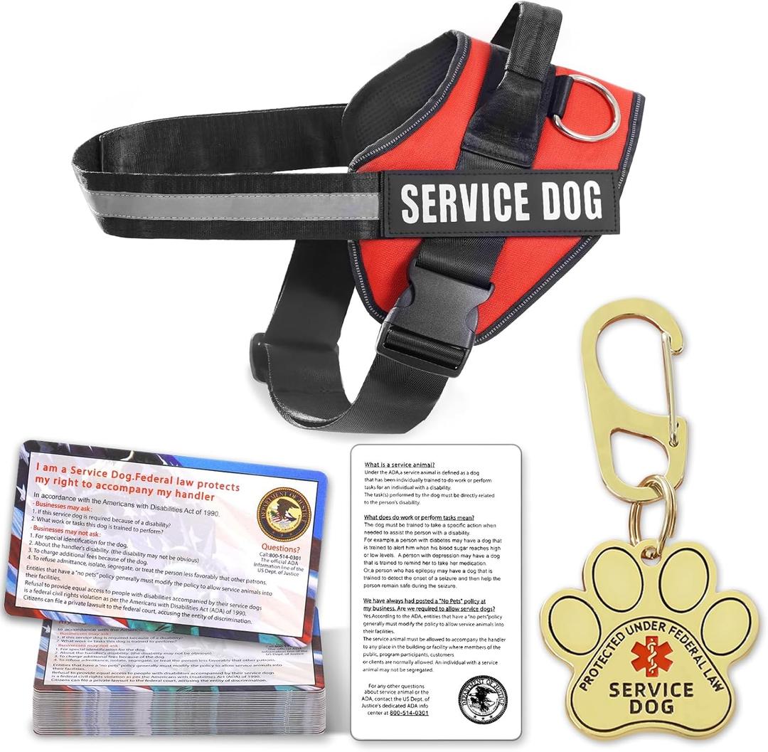 Service Dog Vest, ID Tag + 50 ADA Information Cards, Service Dog Harness in Sizes X Small to XX Large, Metal Dog Tag has Ruggedized Clip, 2-Sided Service Animal Cards,ESA Accessory Set Small (SMALL(Neck:15-17",Chest:19-25"), Red)