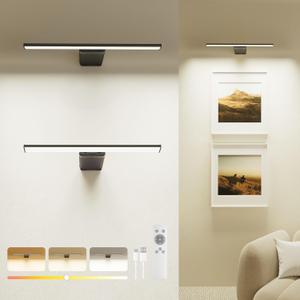 2 Pack Picture Light for Wall Rechargeable Art Light with Remote, 3 Colors & 5 Brightness Levels, 12000mAh Battery Operated Lights for Pictures,Painting,Gallery, Bedroom, Hallway, Frame, Living Room (Black)