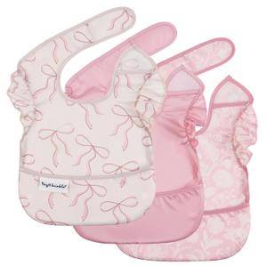 Tiny Twinkle Mess-Proof Baby Bibs for Eating | Waterproof, Wipeable Toddler Bibs with Catch-All Pocket | Feeding Bibs for Girls & Boys (3 Pack,Toile,Bows)