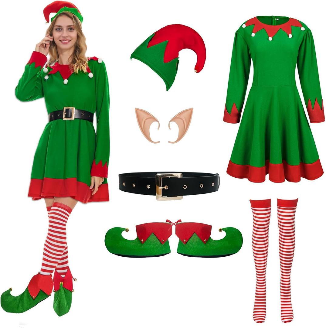 Elves Costume for Women,6-Piece Women's Christmas Costume with Dress Hat Ears Belt Shoes and Socks