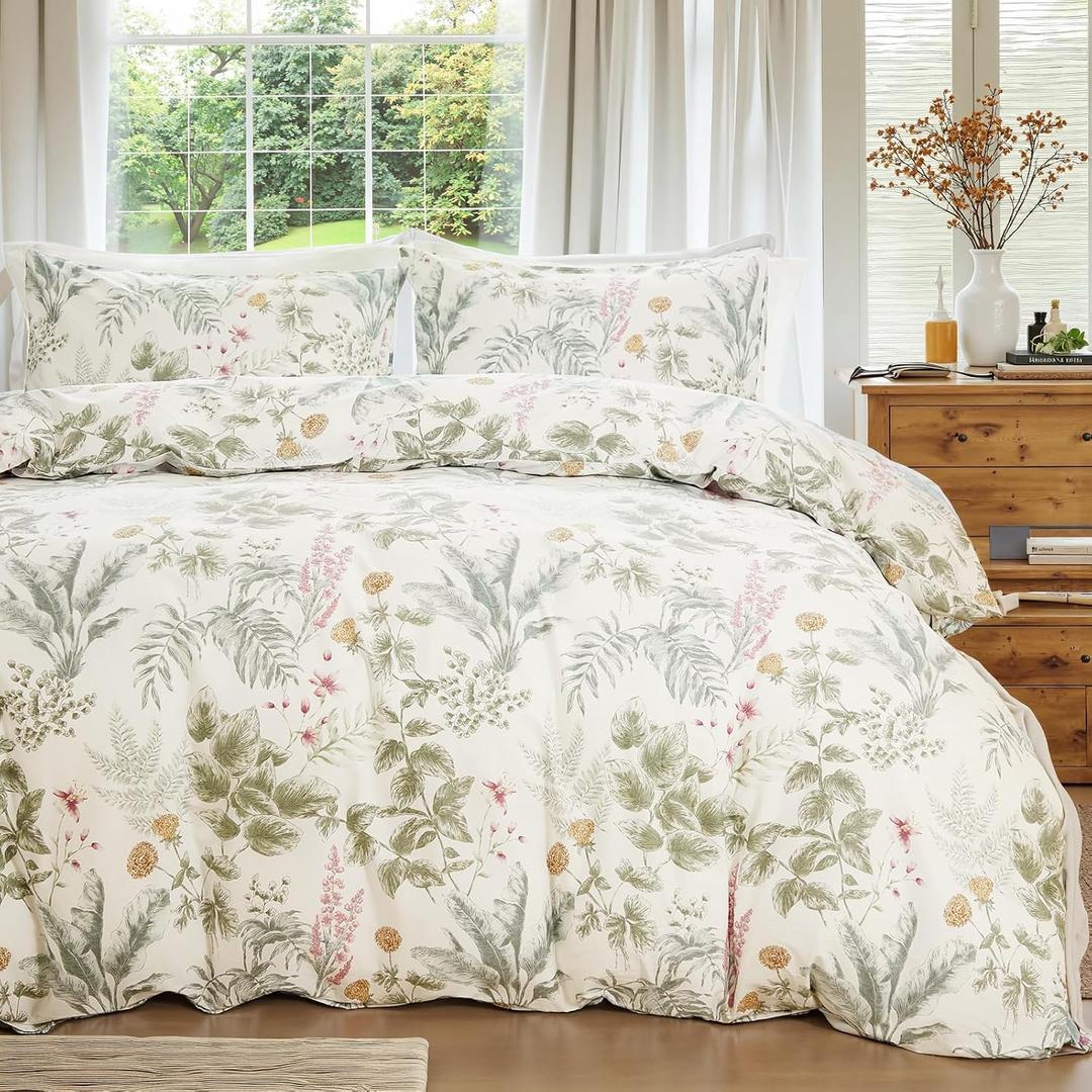 100% Cotton Duvet Cover Queen Size Sage Green Floral Bedding Set Reversible Botanical Comforter Cover 3 Pcs Vintage Cottagecore Aesthetic Soft Bedding Sets for All Season
