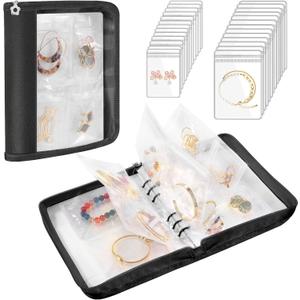 Emibele Travel Jewelry Organizer Case, Jewelry Storage Book Transparent Jewelry Binder with 96 Portable Anti Tarnish Clear Zippered Pouch Bags for Necklaces Bracelet Earrings Rings, Black