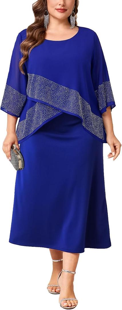CYCLAMEN Plus Size Mother of The Bride Formal Dress Chiffon Overlay with Sparkly Rhinestones A-line Dress Wedding Guest Gown, Royal Blue, 2X