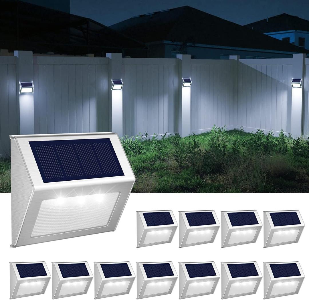 JSOT Outdoor Fence Lights,12 Pack Solar Powered Deck Lights Waterproof Stairs Light Stainless Steel Security Wall Lamps for Step Walkway Patio Garden Pathway - Cool White