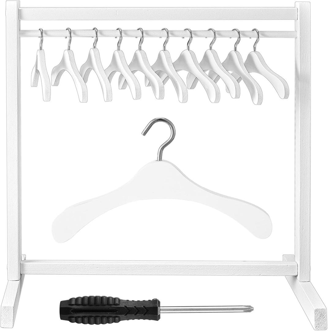 Civaner 11 Pcs Doll Garment Rack with Wooden Clothes Hanger for 18 Inch Girl Doll Clothes Mini Hangers Wardrobe Furniture Accessories for Dollhouse Baby Shower Supplies (White)