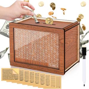 Wooden Money Box for Cash 10000, Plus Size 10000 Savings Challenge Box, Reusable Kakeibo Money Saving Box with 9 Saving Goals 10000 8000 5000 3000 2000 1000 500 Dollars for Adults