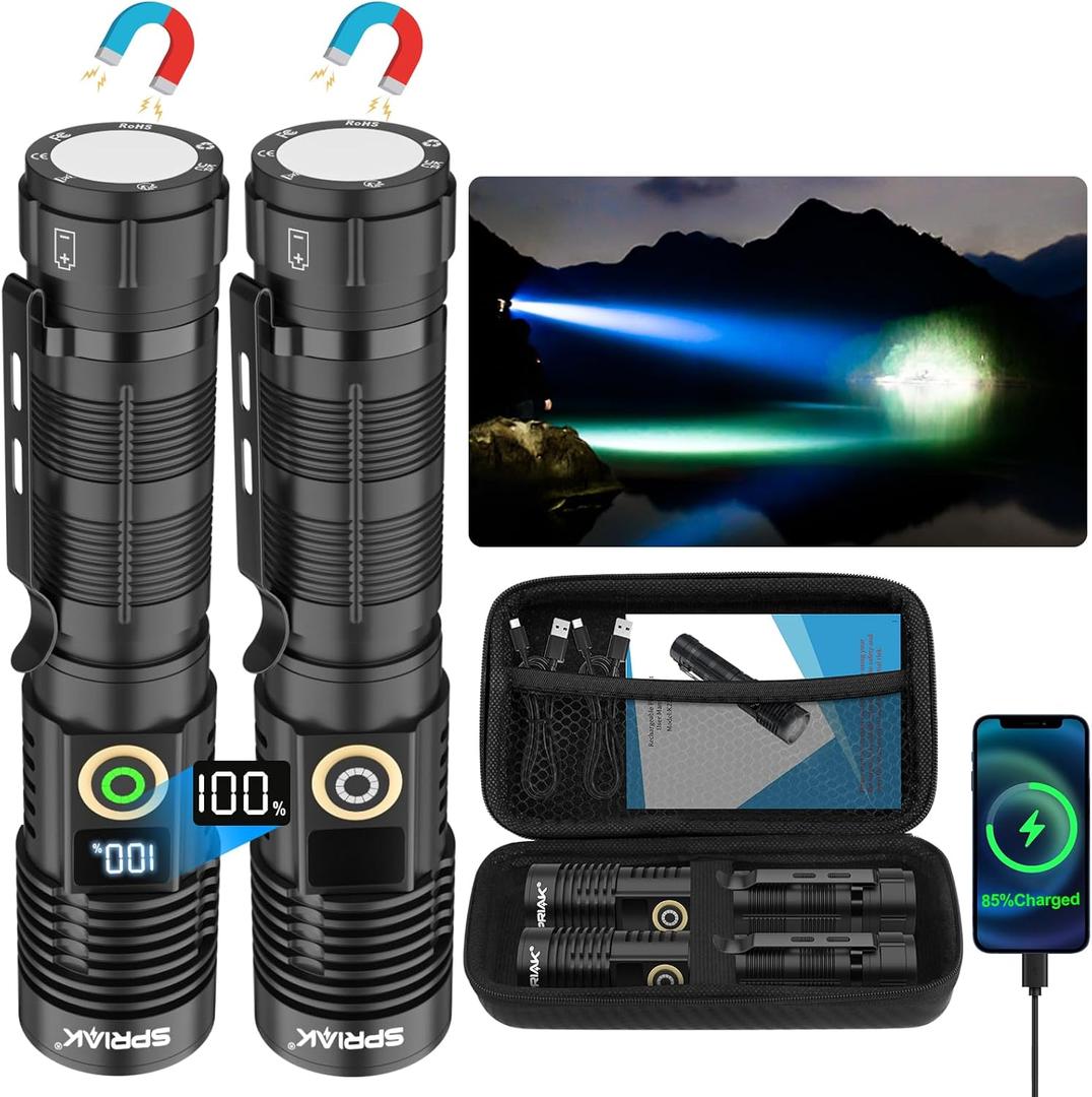 Rechargeable Flashlight High Lumens- Super Bright Magnetic Flash Light with Power Digital Display, Long Range,Dimmable,Waterproof,Pocket Tactical LED Flashlights for Emergency Camping 2PC (Black)