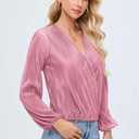 Women Long Lantern Sleeve Shirts Dressy Casual Loose Fit Fall V Neck Blouses Date Night Tops (Pink, L)