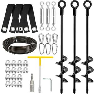 3 Pack Heavy Duty Tree Support Stakes Kit for Leaning Trees, 18" Spiral Ground Anchors with Straps & Turnbuckles & PVC Coated Wire Rope, Rust-Proof Steel Tree Stakes for Straightening and Stabilizing