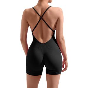 MOOSLOVER Women Strappy Backless Jumpsuits Tummy Control Bodycon Yoga Romper One Piece Workout Jumpsuit Shorts (Black, S)