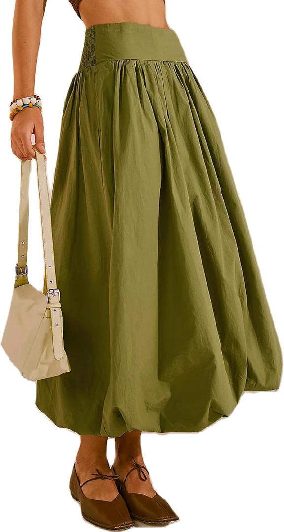 Women's Bubble Long Skirt Elastic Waist A-Line Pleated Ruffle Flowy Balloon Maxi Skirts with Pockets,XL