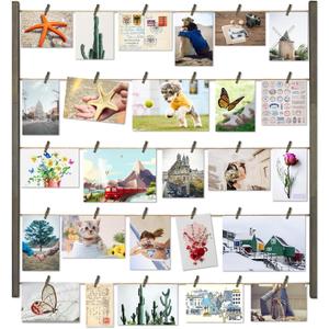 Love-KANKEI Wood Picture Photo Frame for Wall Decor 26x29 inch with 30 Clips and Adjustable Twines Collage Artworks Prints Multi Pictures Organizer and Hanging Display Frames Gift Weathered Grey 