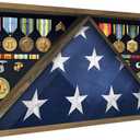 Memorial Flag Display Case for 9x12 American Veteran Burial Flag with HD Tempered Glass, Military Shadow Box with Velvet Felt Lining for Medals, Rustic