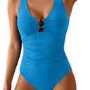 B2prity One Piece Swimsuit for Women Tummy Control Slimming Bathing Suit Deep V Neck Ruched Swim Suit Push Up Swimwear (Medium, Blue)