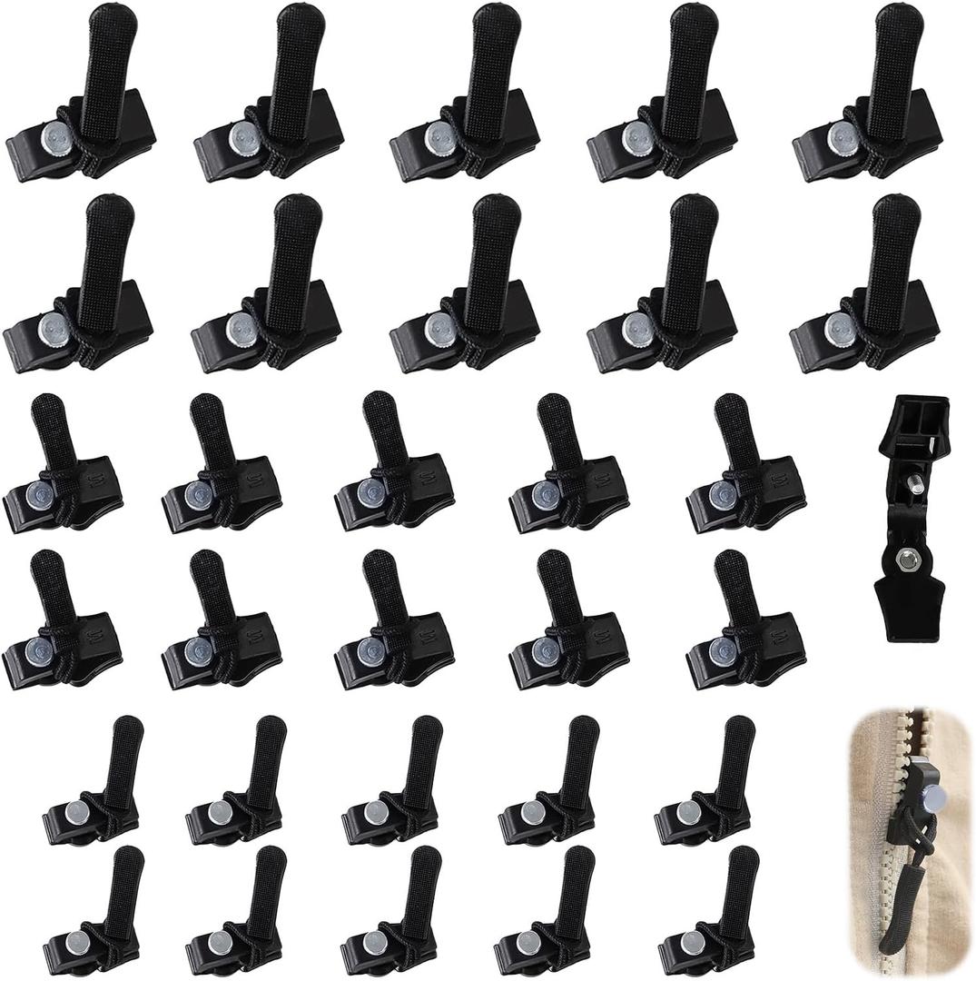30Pcs Zipper Repair Kit Universal Zipper Fixer, Plastic Detachable Pulls Replacement Fix Zippers, Quick Install Zip Heads No Sewing Required for Bags Purses Luggage Jackets (3 Different Size)