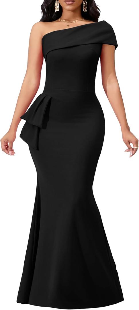 Formal Dresses for Women Cocktail Sexy Off Shoulder Floor Length Long Evening Party Dress with Zipper (Large, Black)