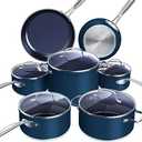 Nuwave Healthy Duralon Blue Ceramic Nonstick 12pc Cookware Set,Diamond Infused Scratch-Resistant,PFAS Free,Dishwasher & Oven Safe,Induction Ready & Evenly Heats, Tempered Glass Lids, Stay-Cool Handles, Deep Blue, 12pc Cookware Set, Cookware Set
