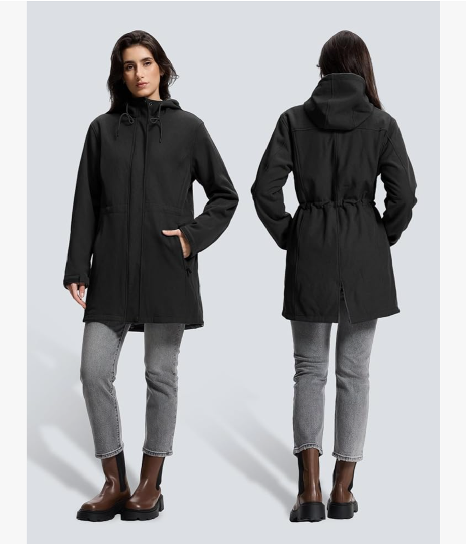 SaphiRose Women's Waterproof Rain Jacket with Fleece Lining Hooded Windbreaker Long Warm Outdoor Softshell Coat.L