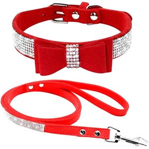 Cute Dazzling Sparkling Elegant Fancy Soft Suede Leather Bling Rhinestone Crystal Jeweled Pet Cat Dog Puppy Collar Dog Leash Combo Set (M, Red-1)