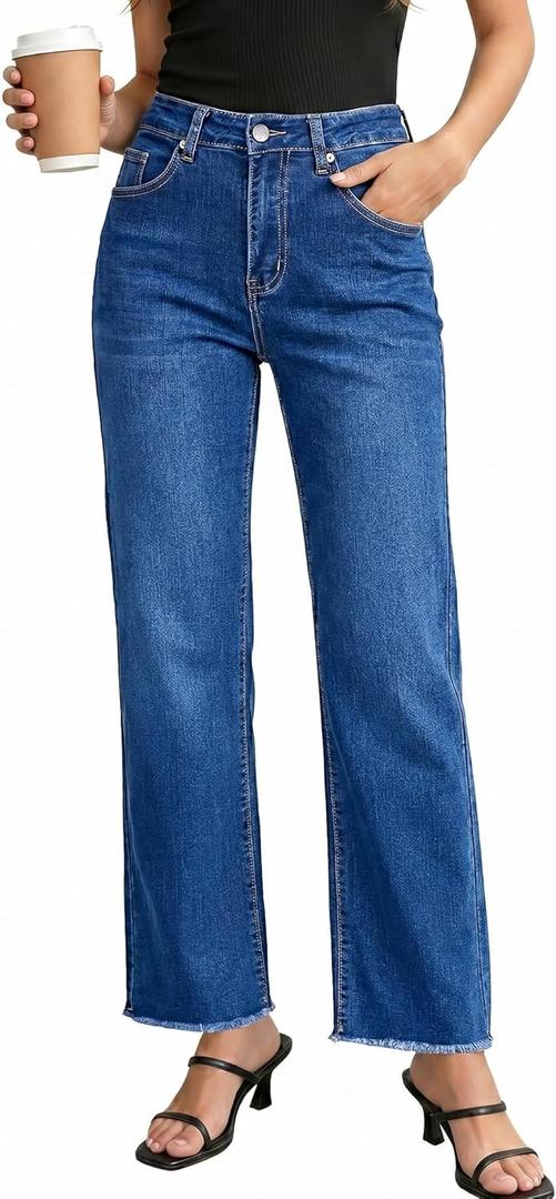 GRAPENT Straight Leg Jeans for Women High Waisted Stretchy Frayed Raw Hem Loose Denim Pants Casual Baggy Jean Trousers (Blue, M)