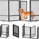 Full Metal Freestanding Dog Gate with Door, 32''Height Foldable Pet Dog Fence for Indoor & Outdoor, 4 Panels Extra Wide Free Standing TallDog Gates for Doorways,House,Stairs,Porch,Deck,Yard (Black)