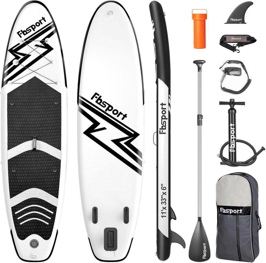 FBSPORT 11' Premium Stand Up Paddle Board, Yoga Board with Durable SUP Accessories & Carry Bag | Wide Stance, Surf Control, Non-Slip Deck, Leash, Paddle and Pump for Youth & Adult (White Black)