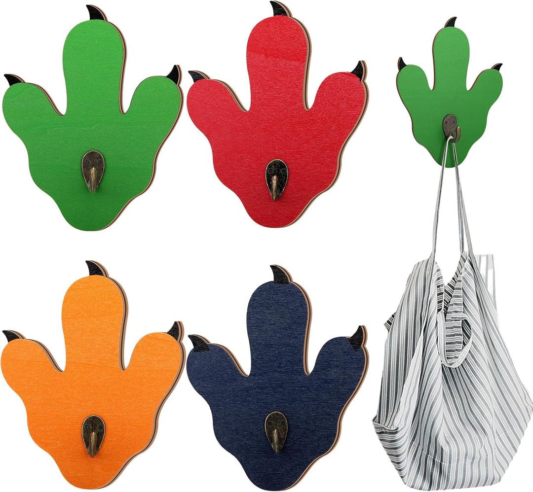 Honeydak 4 Pcs Wood Dinosaur Wall Hooks Dinosaur Room Decor for Boys Kids Bedroom Bathroom Nursery Footprint Wall Coat Hanger Hooks for Hanging Bags Towels Jackets(Bright Color)