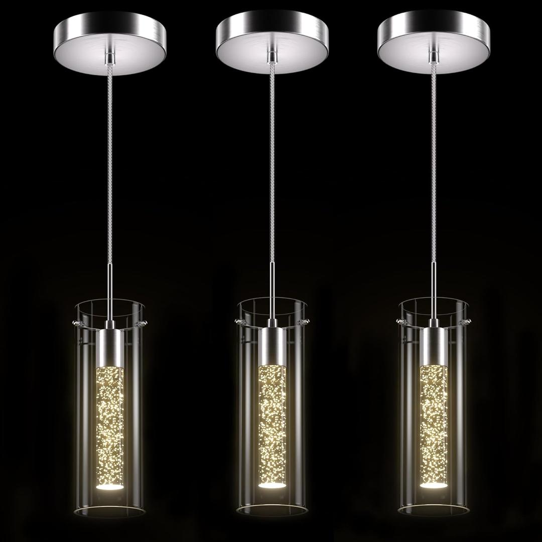 Pendant Ceiling Light Fixture - LED Crystal Pendant Lights for Kitchen Island, Modern Island Light with Bubble Glass - 3 Pack (Nickel-Warm)