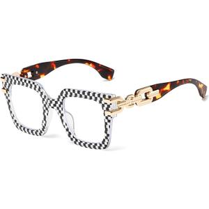 Blue Light Blocking Glasses for Women - Oversized Square Computer Eyewear with Anti Eye Strain, Stylish Checkerboard Frame & Gold Chain Design, Fashion Reading Gaming Glasses