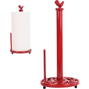Vintage Red Rooster Cast Iron Paper Towel Holder for Kitchen Countertop - Farmhouse Decor Freestanding Dispenser with Heavy Base, Fits Jumbo Rolls, Easy One-Handed Tear