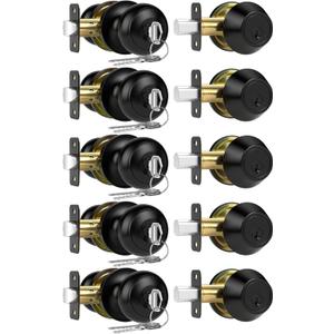 5 Pack Exterior Door Lock Set, Keyed Alike Entry Door Knob and Single Cylinder Deadbolt Lock Combo Set, Matte Black Door Knobs with Lock and Keys, Locksets for Front,Entrance,Back,Garage Door