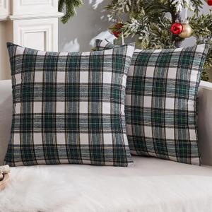 MIULEE Christmas Set of 2 Scottish Tartan Plaid Throw Pillow Covers Farmhouse Classic Decorative Outdoor Square Cushion Cases for Decor Sofa Couch 18x18 Inch, Green and White