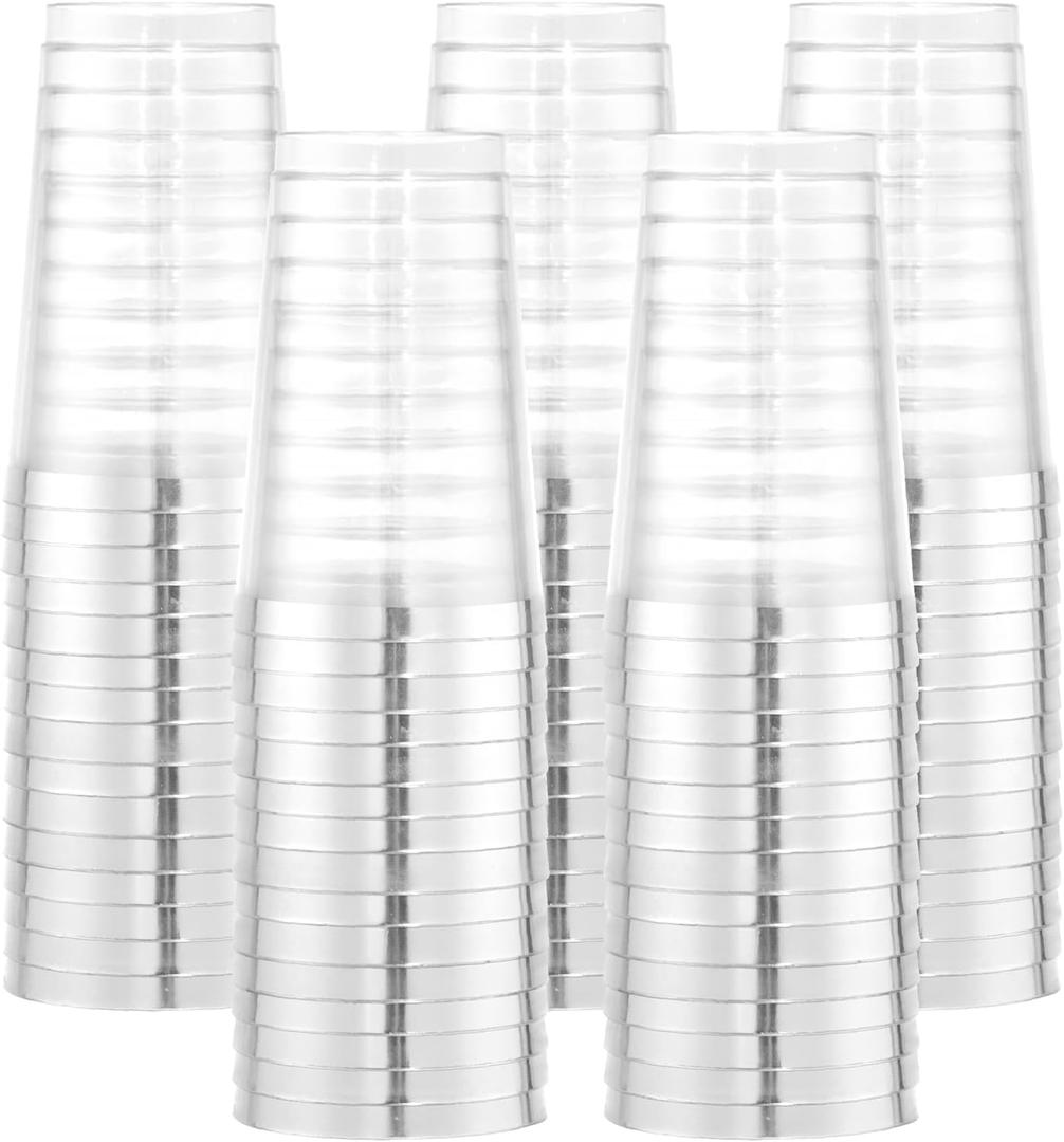 I00000 100 Pack 12 oz Silver Plastic Cups, Silver Rimmed Disposable Cups, Party Glasses Cocktail Glasses Premium Cups with Silver Rim, 12 Ounce Plastic Tumblers For Party