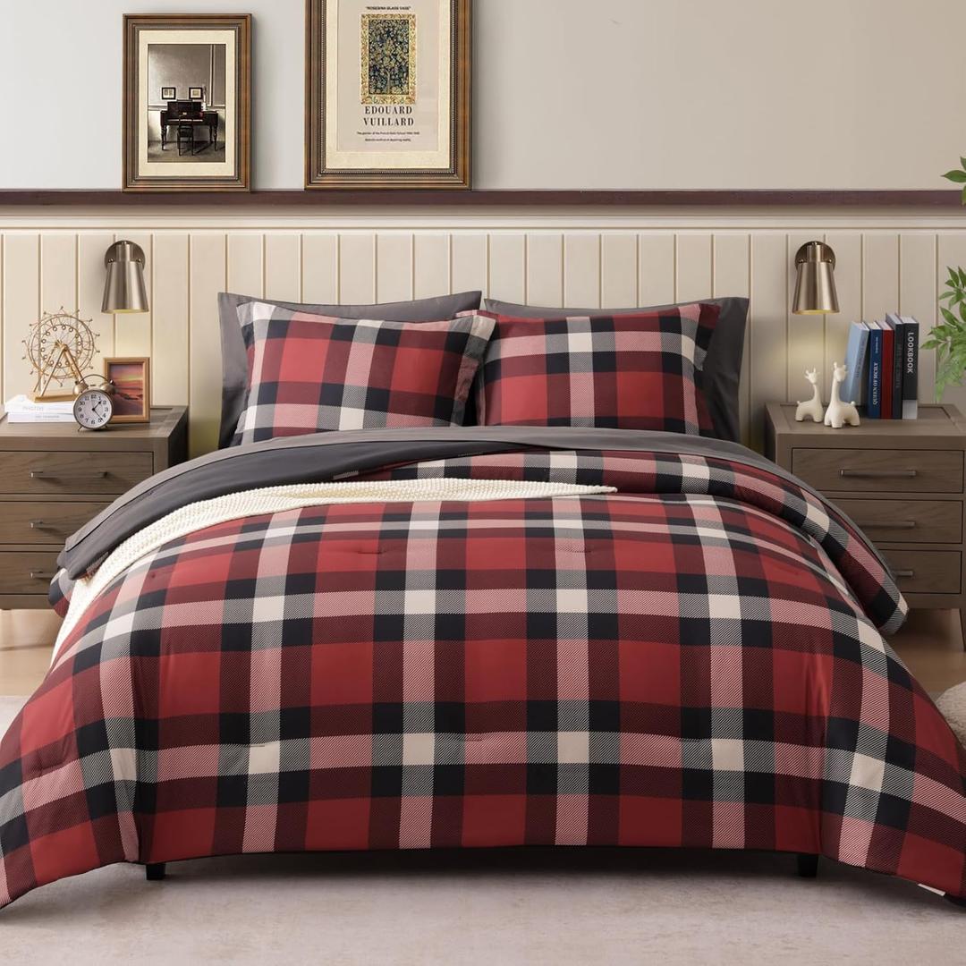 Full Size Comforter Set, Red Plaid Bedding Set 7 Pieces for Boys Girls, Classic Checkered All Season Bed in a Bag for Dorm with Sheets, Pillowcases & Shams