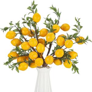 Giegxin 15 Pcs Artificial Lemon Decor 19 Inch Fake Lemons Branch Decoration Vivid Yellow Lime Branches 5 Head Faux Lime with Stem Decorations for Kitchen Table Vase Home Farmhouse Party