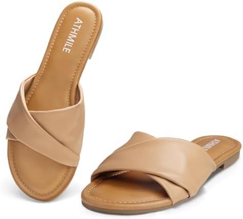 ATHMILE Sandals Women Dressy Summer Flat Comfortable Fashion Beach Cute Ladies Slides Leather Casual Dress Women's Sandals 2025, Size: 9