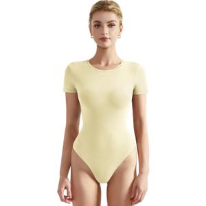 SUUKSESS Women Crew Neck Short Sleeve Thong Bodysuit Shirts Basic Top (Medium, Pale Yellow)