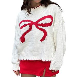 MakeMeChic Women's Bow Crewneck Sweater Long Sleeve Knitted Winter Cute Pullovers, Size Medium