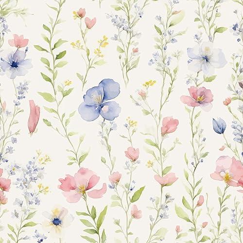 REDAMANCY Watercolor Wildflowers Green Leaf Red/Blue Flowers Peel and Stick Wallpaper Stick on Contact Paper Vintage Wall Paper Easy Peel Off for nightstand Drawer Cabinet Renter