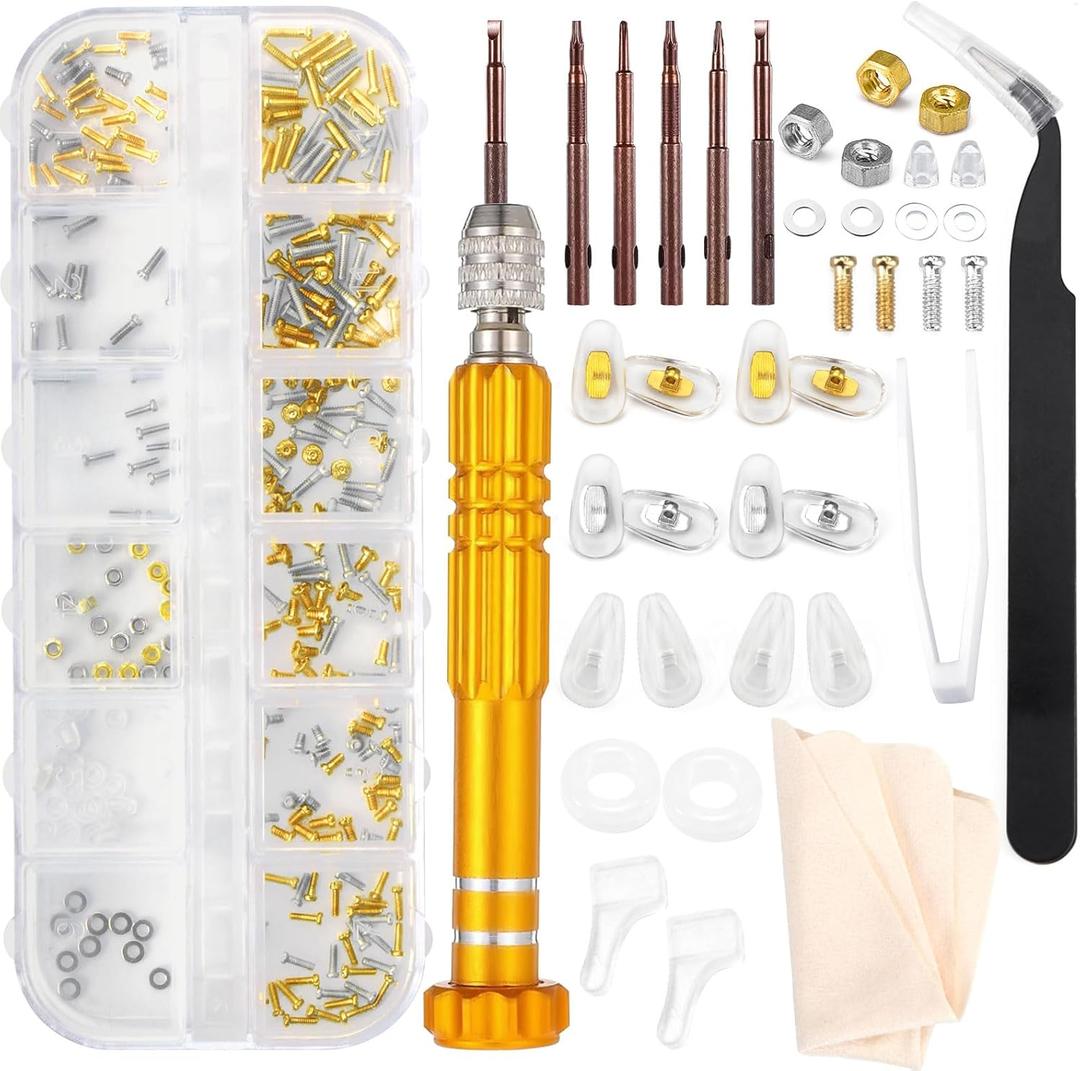 ofone Eye Glass Repair Kit, Eyeglass Repair Kit with Gold & Silver Screws, Glasses Nose Pads, Precision Screwdriver Set, Screw Nuts, Ear Grips & Tweezers, Fits Sunglasses Eyeglasses Watch Repairing