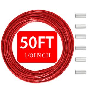 1/8"(3.3mm) Stainless Steel Wire Rope, PVC Coated Cable Kit, 50FT Heavy Duty Outdoor Cable for Deck Railing, String Lights, Clothesline & Garden Use (Red, 50ft)