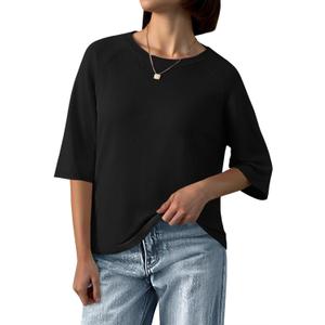 Saodimallsu Womens Half Sleeve Sweater Tops Summer Crew Neck Casual Loose Lightweight Sweaters Knit Pullover Shirts (Large, Black)