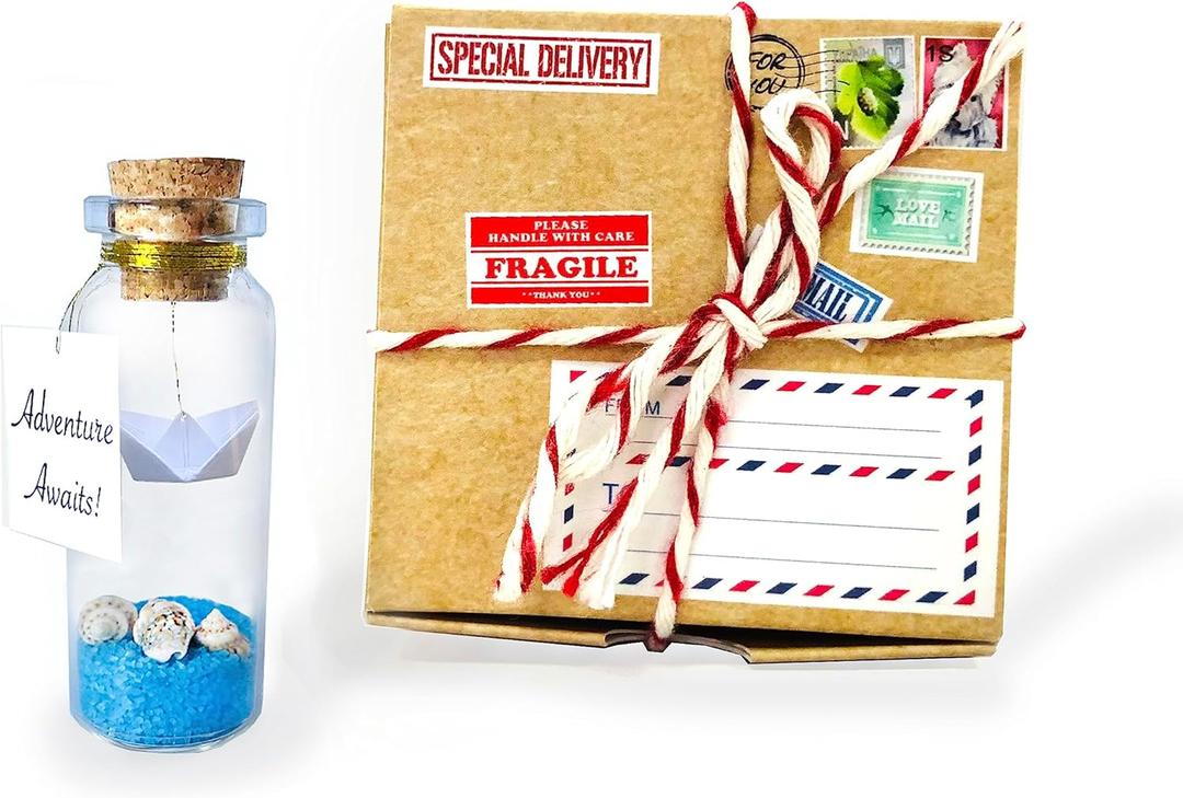 Kseniya Revta Inspirational Message in a Bottle Gift Idea - Classy Gifts for Friends and Family - Unique Boyfriend Girlfriend Presents (Blue Sand - Adventure Awaits, in Craft Gift Box)