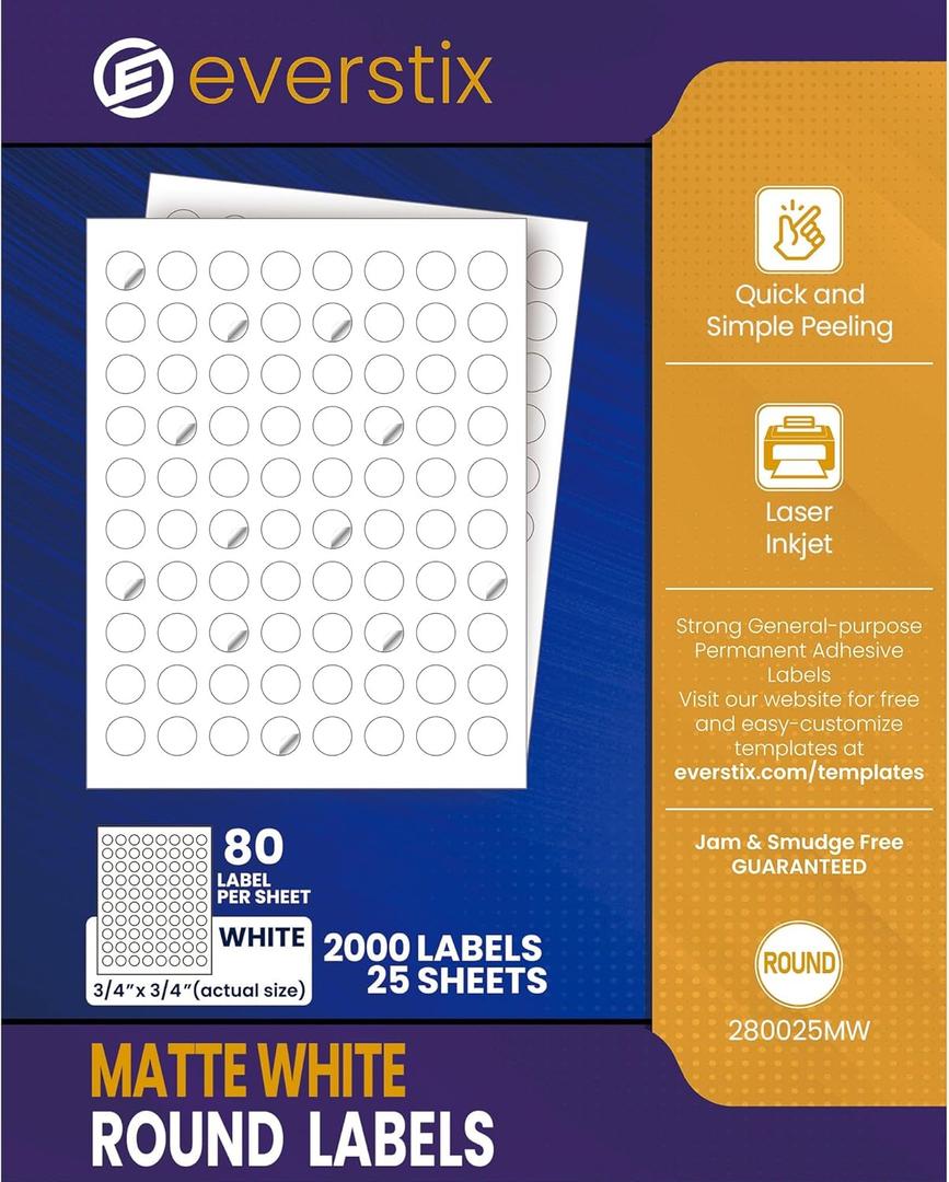 Everstix Printable Round Labels, 0.75" Diameter, 2000 Customizable White Stickers, 25 Sheets, Laser/Inkjet Compatible (3/4 Inch)