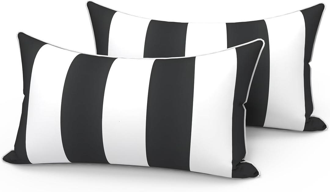 LVTXIII Set of 2 Outdoor Lumbar Pillows for Patio Furniture with White Piping, 12"x20" Fade Resistant Patio Lumbar Pillows with Inserts for Home Coach Sofa Use, Cabana Black