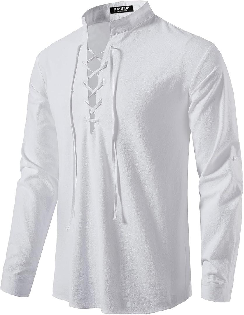 JEMITOP Men's Pure Cotton Retro Lace Up Shirts for Renaissance Pirate Medieval Viking (X-Large, White)