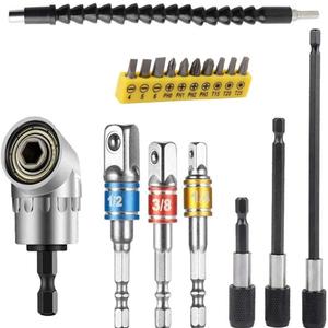 Flexible Drill Bit Extension Set, Includes 105 Right Angle Drill, Bendable Drill Extension, 3pcs 1/4 3/8 1/2" Universal Socket Adapter Set, 3pcs Drill Bit Holder, Screwdriver Bit Kit