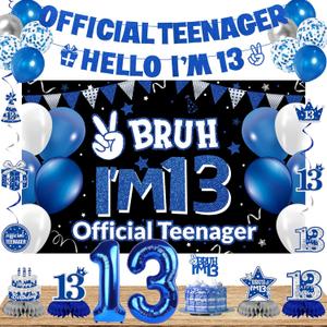 DARUNAXY 13th Birthday Party Decorations for Boys Girls, Blue Official Teenager Hello Im 13 Banner, 13 Number Balloons & Cake Topper, 13 Years Old Birthday Honeycomb Hanging Swirl Confetti Balloons