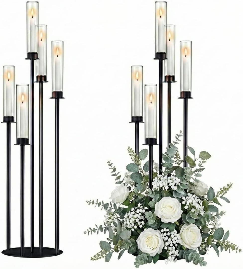 Black Candelabra with Glass Cylinders for Real Candles 5 Head Metal Candle Holder Wedding Centerpiece Ceremony Reception Event Party Home Decoration (2, L)